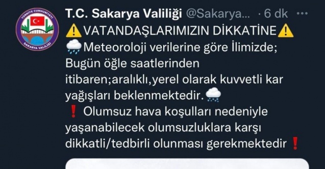 Sakarya Valiliğinden kar yağışı uyarısı